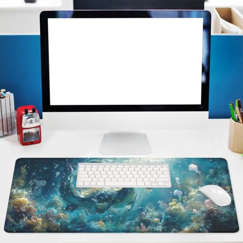 Water Dragon Gaming Mouse Pad Ocean Underwater World Dragon Extended Mousepad Waterproof Stitched Edges Rubber Base Non-Slip Deskpad Computer Keyboard Mat 31.5"x11.8" - color: Water Dragon, size: 31.5L x 31.5W inches