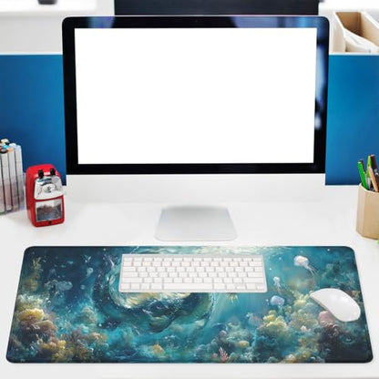 Water Dragon Gaming Mouse Pad Ocean Underwater World Dragon Extended Mousepad Waterproof Stitched Edges Rubber Base Non-Slip Deskpad Computer Keyboard Mat 31.5"x11.8" - color: Water Dragon, size: 31.5L x 31.5W inches