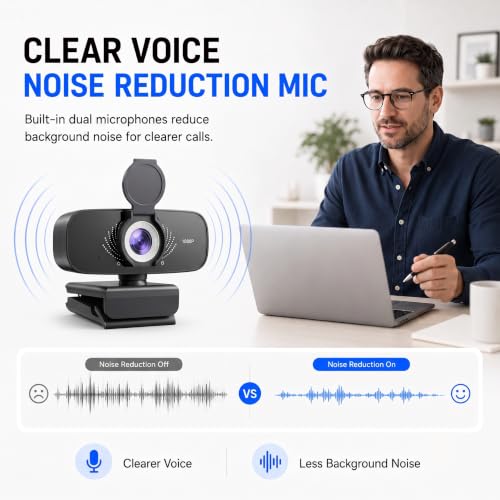 1080P Webcam with Microphone, Privacy Cover & USB-C Adapter | 105° FOV, Fixed Focus, Auto Light Correction, Plug & Play USB-A Camera with Tripod for Zoom, Teams, FaceTime and YouTube