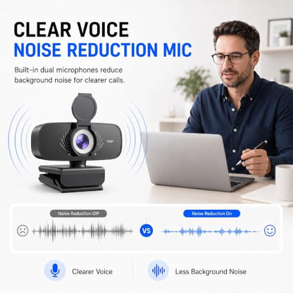 1080P Webcam with Microphone, Privacy Cover & USB-C Adapter | 105° FOV, Fixed Focus, Auto Light Correction, Plug & Play USB-A Camera with Tripod for Zoom, Teams, FaceTime and YouTube