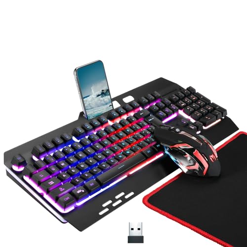 Wireless RGB Gaming Keyboard and Mouse - Rechargeable Backlit,Long Battery Life,Metal Panel Mechanical Feel with Palm Rest,7 Color Gaming Mouse and Mouse Pad for Game and Work