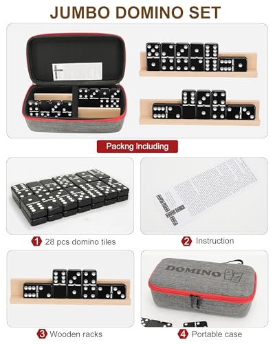 KAILE Jumbo Double 6 Domino Set with Portable Case & 4 Wooden Racks | 28 Large Tiles for Adults & Families | Travel & Board Games for 2-4 Players - color: Black