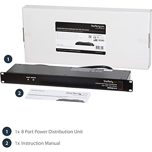 StarTech.com 8 Outlet Horizontal 1U Rack Mount PDU Power Strip for Network Server Racks - Surge Protection - 120V/15A - w/ 6ft Power Cord (RKPW081915) | Power strip for network server racks, Surge protection, Rugged steel chassis, LED ground and surge ind
