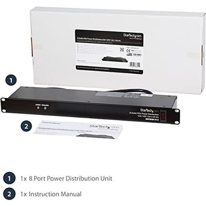 StarTech.com 8 Outlet Horizontal 1U Rack Mount PDU Power Strip for Network Server Racks - Surge Protection - 120V/15A - w/ 6ft Power Cord (RKPW081915) | Power strip for network server racks, Surge protection, Rugged steel chassis, LED ground and surge ind