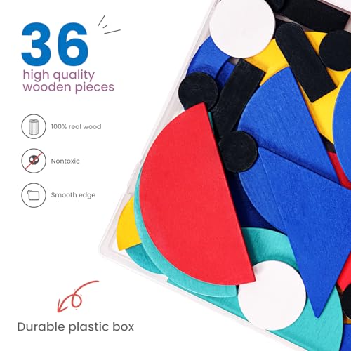 LiKee Wooden Shape Puzzle, 36 Blocks & 60 Cards, Montessori Toy for Kids 3+