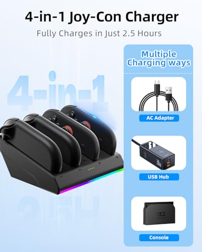 Magnetic Charging Dock for Nintend0 Switch 2 Joycon, Fast Charger Station | 4-in-1 Magnetic Charging: Simultaneously charge 4 Switch 2 Joycons with magnetic snap-on design for easy placement