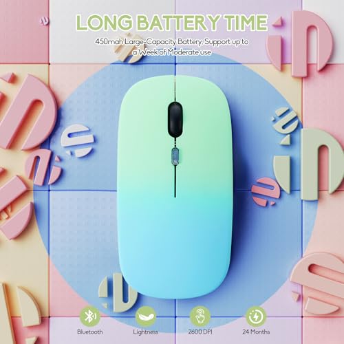 Wireless Bluetooth Mouse,LED Dual Mode Rechargeable Silent Slim Laptop Mouse,Portable(BT5.2+USB Receiver) Dual Mode Computer Mice,for Laptop,Desktop Computer,ipad Tablet,Phone,Mac(Greenish blue) - color: Gradient Greenish blue