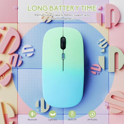 Wireless Bluetooth Mouse,LED Dual Mode Rechargeable Silent Slim Laptop Mouse,Portable(BT5.2+USB Receiver) Dual Mode Computer Mice,for Laptop,Desktop Computer,ipad Tablet,Phone,Mac(Greenish blue) - color: Gradient Greenish blue