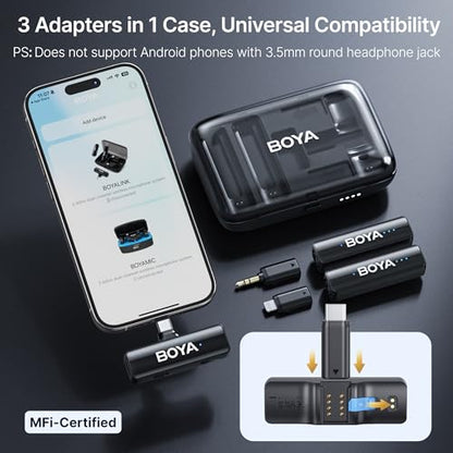BOYA BOYALINK 2 Wireless Lavalier Microphone for iPhone/Camera/Android/PC | 3-in-1 RX, Mini Lapel Mic, 48kHz 24bit, 1000ft, 30h Use, 2 Level Noise reduction, Clip on Mic with USB-C/Lightning/3.5mm Plug