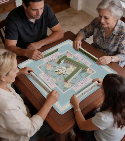Travel Mahjong Mat Table with Rules Mah Jong Mat Neoprene Chinoiserie Floral Majong Learning Mat Instructions Mahjong Gifts Women Unique Non-Slip Rubber Pad, 21" x 21", Blue Pink - color: Blue Flower, size: 21" x 21"