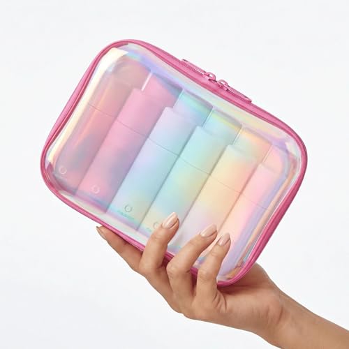 Clear Hard Shell Organizer Cases, 2 Pack | Iridescent PET shell with water-resistant, scratch-resistant surface for travel, toiletries, electronics and daily essentials - color: Pink Iridescent