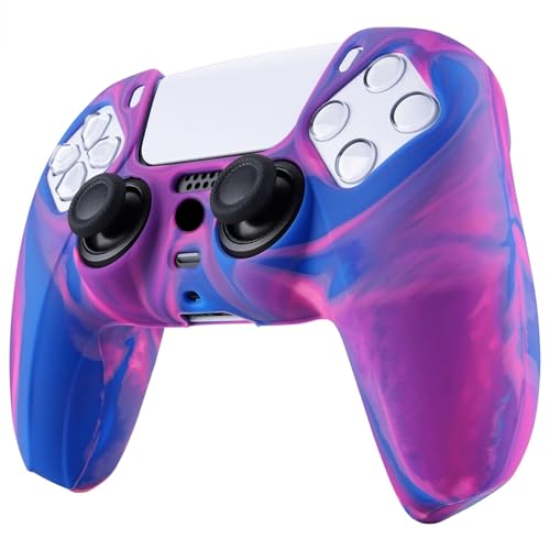 PlayVital Tri-Color Pink & Purple & Blue Camouflage Anti-Slip Silicone Cover Skin for ps5 Controller, Soft Rubber Case for PS5 Wireless Controller with Black Thumb Grip Caps - color: Pink Purple Blue