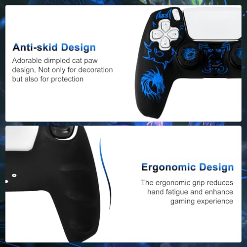 PS5 Controller Silicone Cover with Laser-Engraved Dragon Design - Non-Slip Grip Skin + 2 Dragon Thumbstick Caps | Stylish Protective Case for PlayStation 5 Controller - color: Lightning Dragon Blue