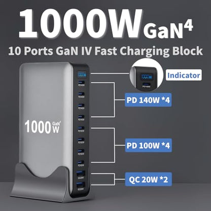 1000W USB C Fast Charger Block, 10 Ports GaN IV Pro USB Chagring Station, 140W PD QC HUB for Multiple Devices, Laptop Adapter Compatible with MacBook Pro/Air iPad iPhone Pro Max, Galaxy, Dell, HP - size: 1000W-8C2A