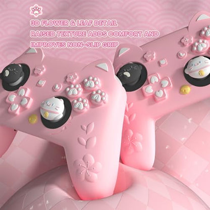 PlayVital for Nintendo Switch 2 Pro Controller Silicone Cover – Cherry Blossoms Kitten Cute Protective Skin Case for Switch 2 Pro Controller w/Back Button Cap & Thumb Grip & Sticker - Pink - color: Pink
