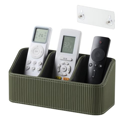 No Drill PU Leather Wall Remote Holder, 3 Compartments Storage Caddy for TV AC Remotes, Pens, Eyeglasses, Home Bedroom Bathroom Office (Stylish Green Fine Ribbed) - color: Stylish Green Fine Ribbed