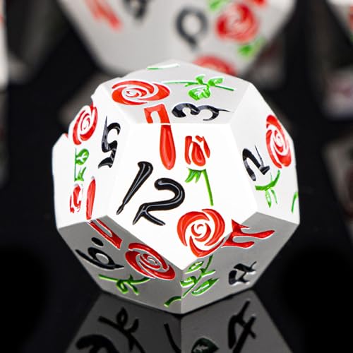 Gothic DND Dice Set Bleeding Rose Metal D and D Dice for use with Dungeons Dragons D&D Role Playing Game, Red RPG Polyhedral Dice Set D20 D12 D10 D8 D6 D4 - color: Red&silver&black Numbers