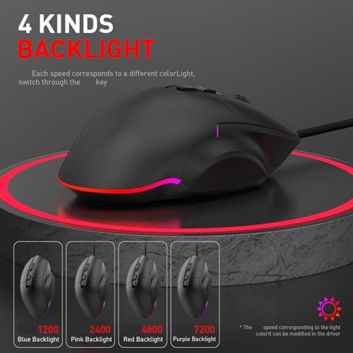 Tangxi Wired Gaming Mouse, Ergonomic Optical Mouse with 1200-7200 Adjustable DPI, 7 Macro Programmable Buttons, 4 Backlit Lights, 125-1000HZ Polling Rate, for Laptop PC