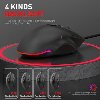 Tangxi Wired Gaming Mouse, Ergonomic Optical Mouse with 1200-7200 Adjustable DPI, 7 Macro Programmable Buttons, 4 Backlit Lights, 125-1000HZ Polling Rate, for Laptop PC