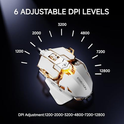 EWEADN G5 Wired Gaming Mouse with Adjustable Tail, 12800 DPI Programmable Computer Mouse with RGB Backlit, 9 Macro Buttons, Rapid Fire Key & Aluminum Base Ergonomic PC Mice for Laptop, PC-White - color: White