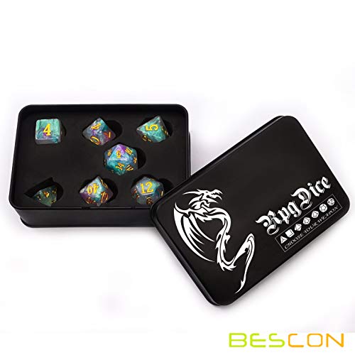 Bescon Magical Stone Dice Set Series, 7pcs Polyhedral RPG Dice Set Fairy Spirit, Black Tinbox Packing - color: Fairy Spirit in Tinbox