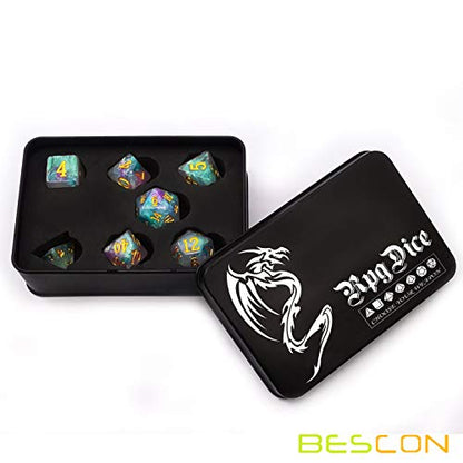 Bescon Magical Stone Dice Set Series, 7pcs Polyhedral RPG Dice Set Fairy Spirit, Black Tinbox Packing - color: Fairy Spirit in Tinbox