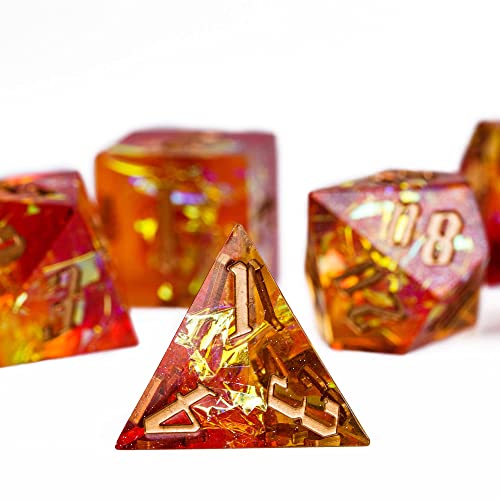 Cusdie Sharp Edges DND Dice, 7 PCs D&D Dice, Handcrafted Polyhedral Dice Set, for Role Playing Game Pathfinder (Red w/Yellow Sparkle) - color: Red W/Yellow Sparkle