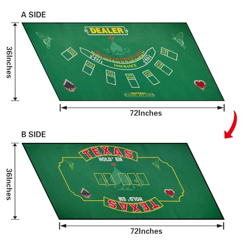 2-in-1 Casino Night Poker Mat, 36"x72" Double-Sided Texas Hold'em & Blackjack Felt Table Cover, Non-Slip Steel Clamps Included, Perfect for Game Night, Home & Casino Parties - color: Green