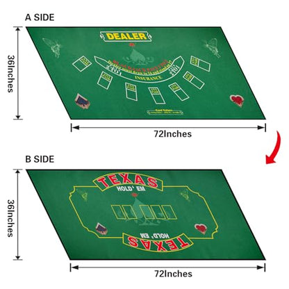 2-in-1 Casino Night Poker Mat, 36"x72" Double-Sided Texas Hold'em & Blackjack Felt Table Cover, Non-Slip Steel Clamps Included, Perfect for Game Night, Home & Casino Parties - color: Green