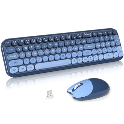Wireless Keyboard and Mouse Combo, Meidosa 2.4GHz Colorful Full-Size Retro Typewriter Keyboard with Cat Shape 3 Level Adjustable Optical Mouse for PC/Desktop/Laptop/Windows (Azure Blue) - color: Compact Azure Blue Colorful