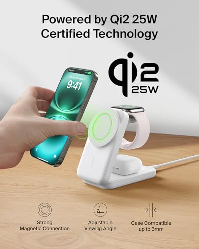 Belkin Qi2.2 25W Wireless 3 in 1 Foldable Fast Charging Station for iPhone | Fast Charigng, MagSafe Compatible, iPhone 17/16/15, Apple Watch, AirPods, Travel Charger, Magnetic - color: White