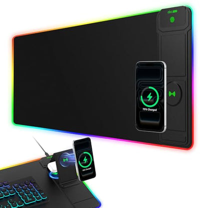 XL RGB Gaming Mousepad, 25 Lighting Effects, 15W Fast Charging, Phone Stand | 31.5"x11.8" Extended Keyboard Mat Pad with Stitched Edges, Ultra-Smooth Waterproof Surface, Non-Slip Base - color: RGB-Magnetic Stand-31.5"x11.8"-Right