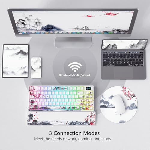 Womier 75% Wireless Mechanical Keyboard with Color Multimedia Screen | Gaming Creamy Keyboard, Theme 3-Modes Hot Swappable Key board w/Wrist Rest,SK80 PRO Gasket RGB Custom for Mac/Win,Red Plum - color: White