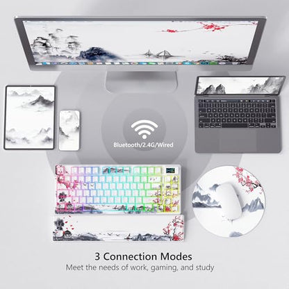 Womier 75% Wireless Mechanical Keyboard with Color Multimedia Screen | Gaming Creamy Keyboard, Theme 3-Modes Hot Swappable Key board w/Wrist Rest,SK80 PRO Gasket RGB Custom for Mac/Win,Red Plum - color: White
