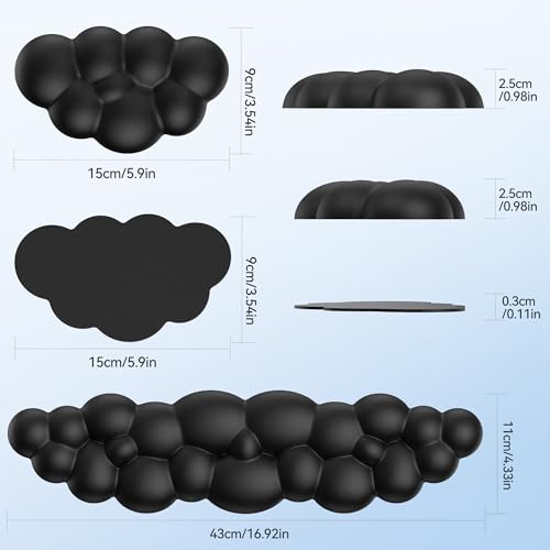 TECKNET Cloud Keyboard Wrist Rest Set, Cloud Wrist Rest with Non-Slip Base, PU Leather Wrist Pad for Keyboard with Ergonomic Memory Foam for Computer Laptop Office Gaming and Pain Relief, Black - color: Black