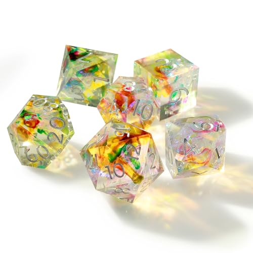 Haxtec Galaxy DND Dice Set Sharp Edge Resin Polyhedral Dice, Holographic Style D&D Dice with Metal Case, Handmade Irridescent Mylar Inside Dice Set for Dungeons and Dragons TTRPG, DND Gift - color: Rainbow