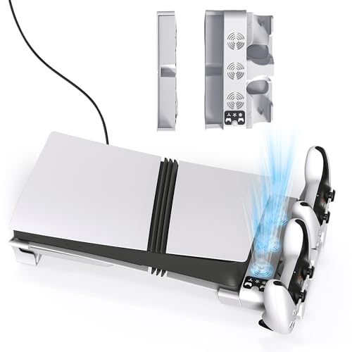 Horizontal Cooling Stand for PS5 Pro/for PS5 Slim Disc & Digital,Charger for PlayStation 5 Controllers with 3-Level Cooling Fan,5 Pro Cooling Stand Horizontal