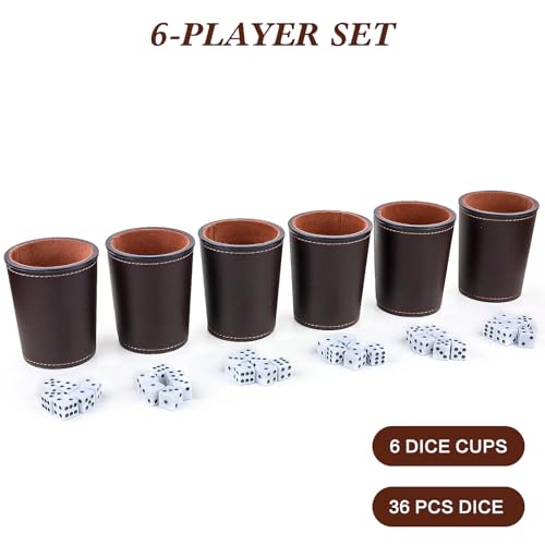 Felt-Lined PU Leather Dice Cup Set, 6 Quiet Dice Shaker Cups with 36 Dices for Bar Party Yahtzee Farkle Dice Games, Coffee - color: Coffee#dice Cup Set