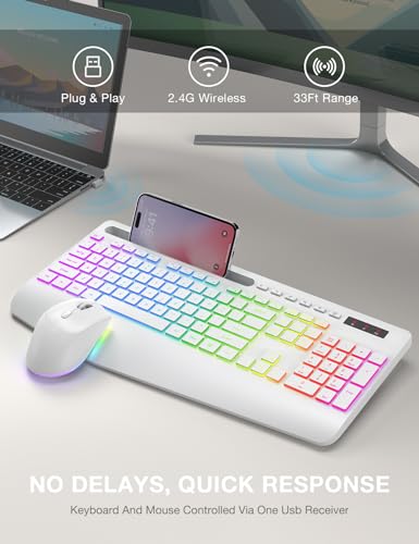 Wireless Keyboard and Mouse Combo - 9 Backlit Effects, RGB, 2.4Ghz | Ergonomic Wrist Rest, Phone Holder, Rechargeable, Full Size, KM22 MAX Silent Set for Computer, Laptop, Mac, Windows (White) - color: Cloudy White
