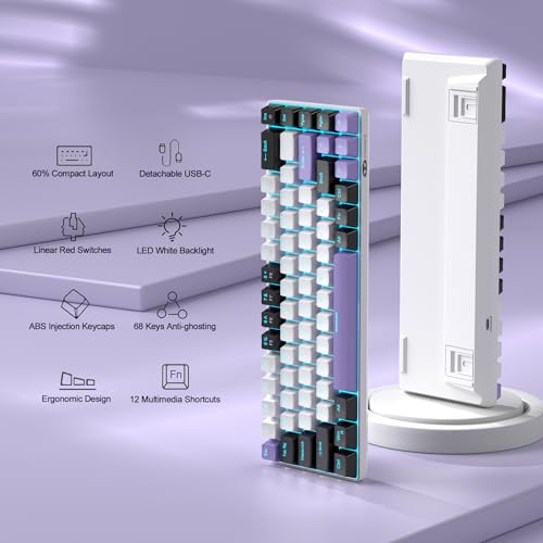 MageGee Portable 60% Mechanical Gaming Keyboard, MK-Box LED Backlit Compact 68 Keys Mini Wired Office Keyboard with Red Switch for Windows Laptop PC Mac - White/Purple - color: Purple/Red Switch