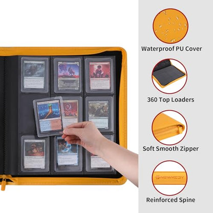 Snekdy Top loader Binder, 9 Pockets Top Loader，Holds 360 Top Loaders cards, Card binder with Sleeves for card in 3 x 4 inches color smooth Zipper PU Leather (Yellow) - color: Yellow
