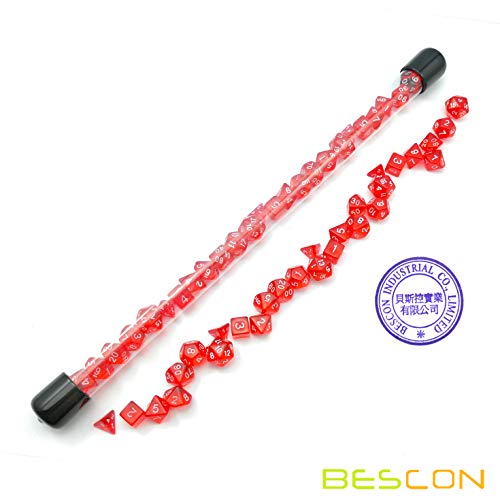 Bescon 28-Piece Translucent Red Mini Polyhedral Dice Set, 4 Complete 7-Die Sets, Ruby Color Resin Gaming Dice for Dungeons and Dragons, Includes Clear Storage Tube - color: 4x7 28pcs Gem Red Tube