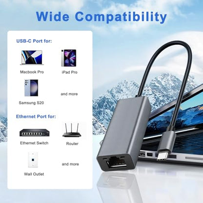 USB C to Ethernet Adapter, Portable 1-Gigabit Network Hub, 10/100/1000 Mbps, USB 3.0 to RJ45 Internet Adapter Compatible with Laptop, MacBook PC with Windows, XP, Mac/Linux (Type C to Gigabit)