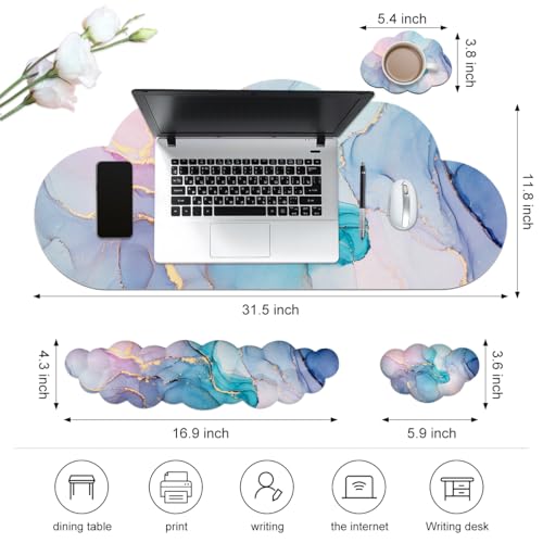 JIKIOU Ergonomic Keyboard Wrist Rest &Large Mouse Pad&Mouse Wrist & Cup Pad | Cute Cloud Shape, 4 in 1 Memory Foam Desk Mat, Ultra-smooth Surface, Savior of Wrist Pain, Anti-slip Rubber Base, Waterproof - color: 06Marble Blue