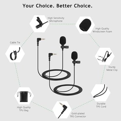 DUNGZDUZ 2-Pack 3.5mm Lavalier Mics for DJI Mic 2 and RØDE Wireless GO II | TRS Clip-on Mic for Wireless Transmitters, Clear Voice Pickup, Ideal for Streaming, Interviews and Vlogging