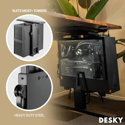 Desky Sliding CPU Mount – Under Desk Adjustable PC Holder with 360° Swivel & Slide Track, Fits Most Towers, Space-Saving Steel Bracket with Padding for Office or Gaming Setup – Black