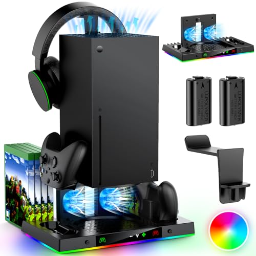 Upgrade Cooling Fan&Dual Charging Stand for Xbox Series X Console&Controller,Cooler Charger Station System for XSX with 15 RGB Light, 2x1400mAh Rechargeable Battery,Disc Accessories Storage (Black) - color: Black