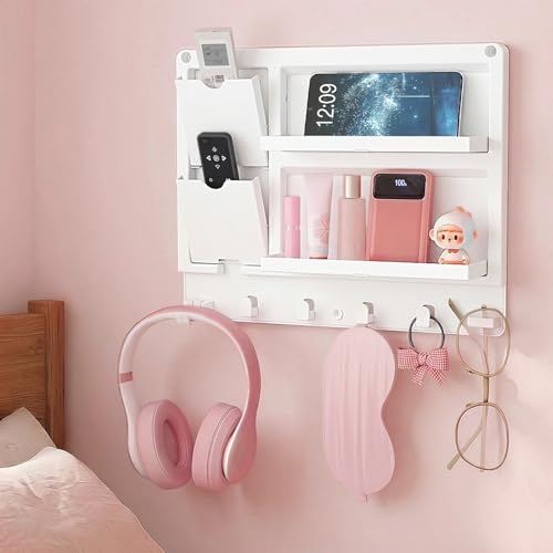 Lifewit Plastic Bedside Wall Shelf, Adhesive Floating Shelves Dorm Decor | Bedroom Essentials for Key, Remote Control, Glasses, Phone, Earbuds Storage, College, RV, Bunk Bed Wall Organizer - color: White