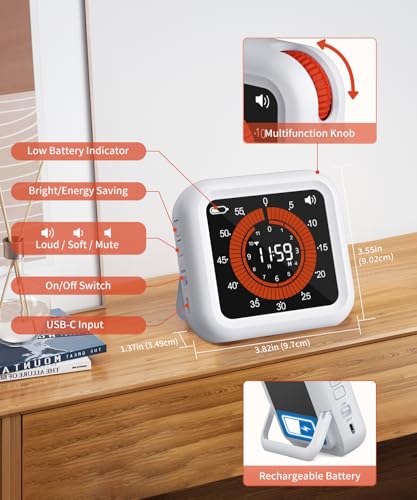 Digital Magnetic Visual Kitchen Timer, Up to 11H 59M Countdown & Count Up | USB-C Rechargeable, Large VA Display, Adjustable Volume and Brightness, Memory Recall Function for Kitchen, Classroom, Study - color: White