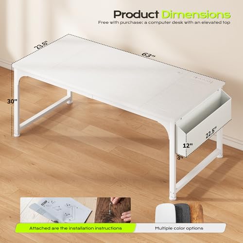 DurayLoly 63 x 24 inch Large Desk, 24mm Thick Heavy Duty Computer Desk with RGB LED & Power Outlets, Gaming Desk with Detachable Stand, Hooks & Storage Bag, 150LBS Load Capacity, White - color: White, size: 63 Inch